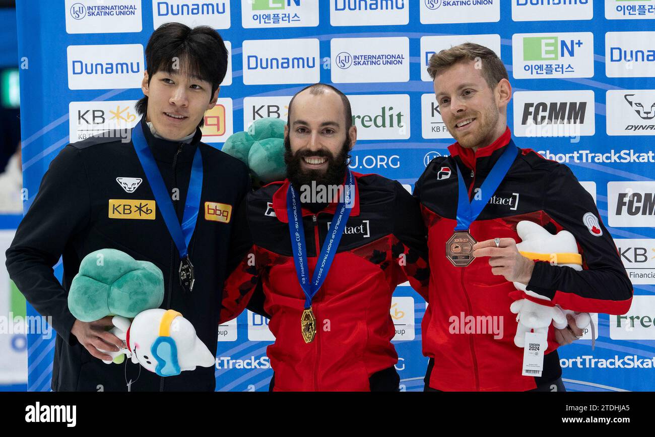 Seoul, South: (L to R) Hwang Dae-heon of, South Korea. 16th Dec, 2023. Dion Pascal (C), of Canada, Dubois Steven (3), of Canada, winning ceremony during the final A of the men's 1000m on the Day 2 of the ISU World Cup Short Track 2023-2024 at Mokdong Ice Rink in Seoul, South Korea on December 16, 2023. (Photo by Lee Young-ho/Sipa USA) Credit: Sipa USA/Alamy Live News Stock Photo