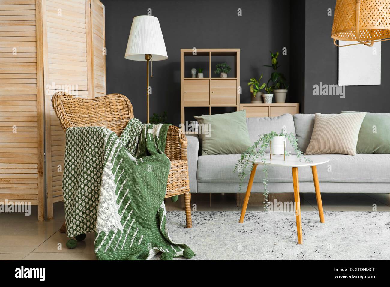 Interior of modern living room with plants, sofa and armchair Stock ...