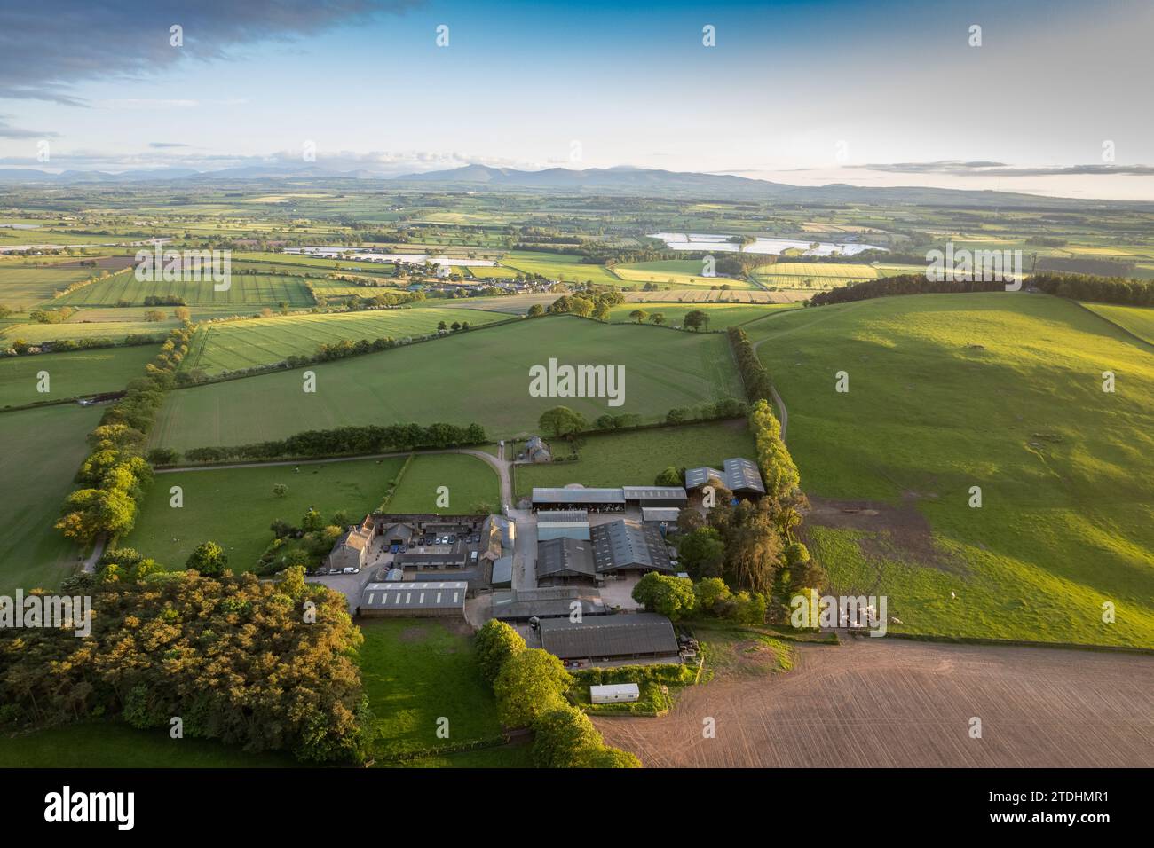 Farmstead in the Eden valley near Carlisle, looking towards the mountains of the Lake District, Cumbria, UK. Stock Photo