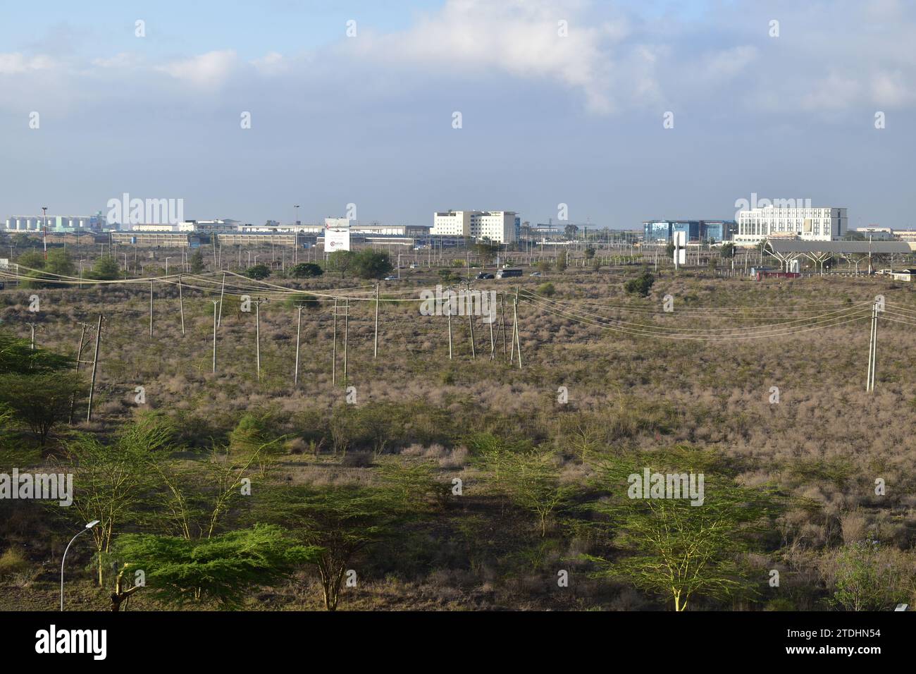 A dry grass field with several wooden power lines near Nairobi International Airport as seen from the rooftop of Crowne Plaza Nairobi Airport hotel Stock Photo