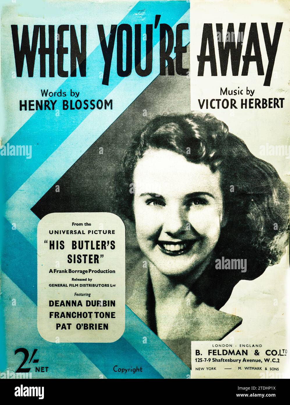 Vintage 1940s sheet music cover for 'When You’re Away', words by Henry blossom, music by Victor Herbert from the film His Butler’s Sister. Stock Photo
