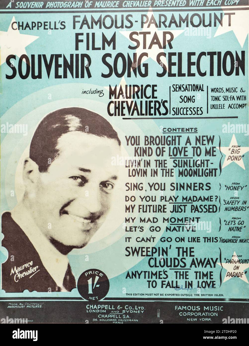 Vintage 1930s sheet music cover for 'The Maurice Chevalier Vintage Film Song Collection'. Stock Photo