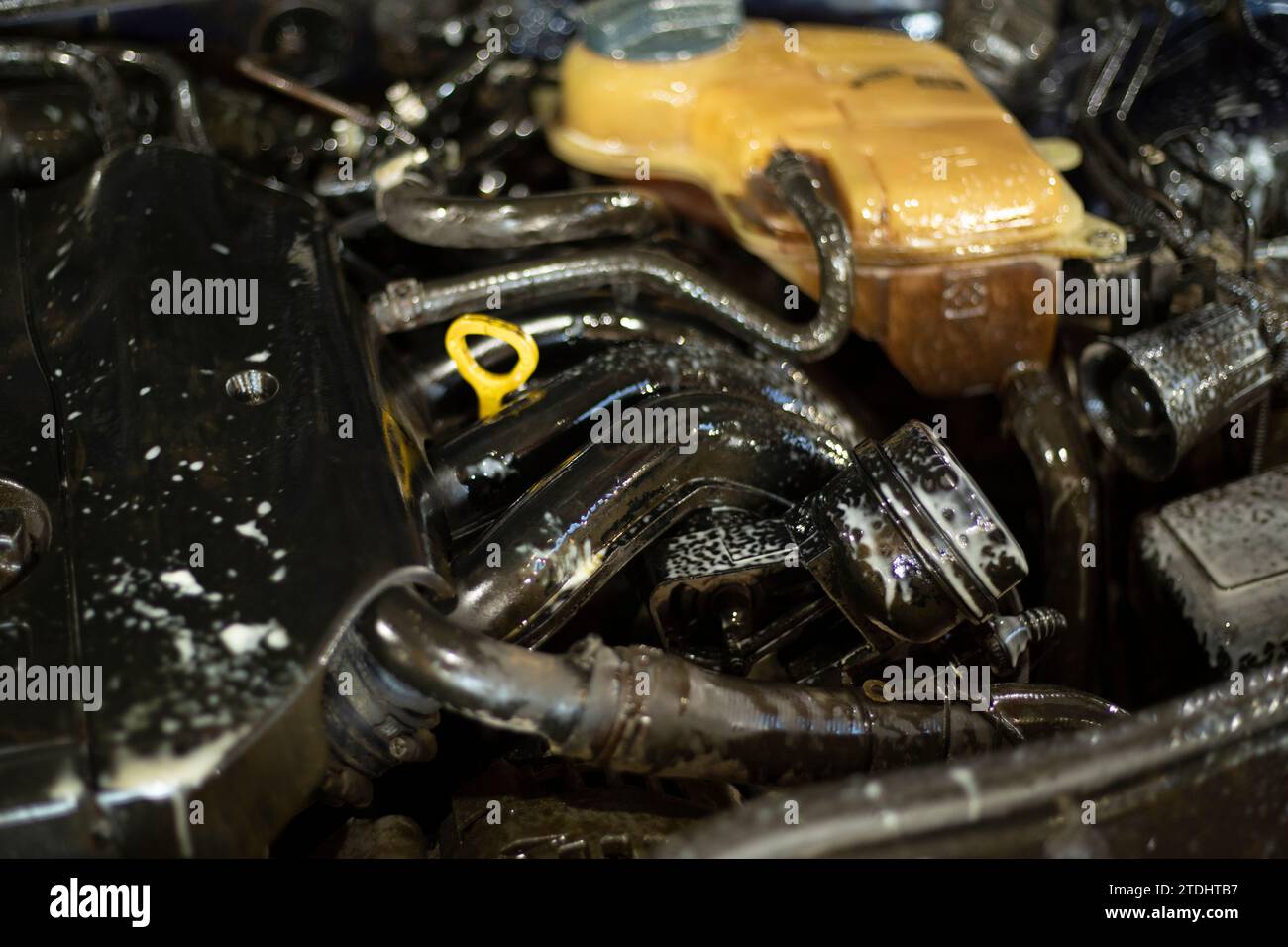 Wet car engine. Open car hood. Car wash in detail. Transport engine