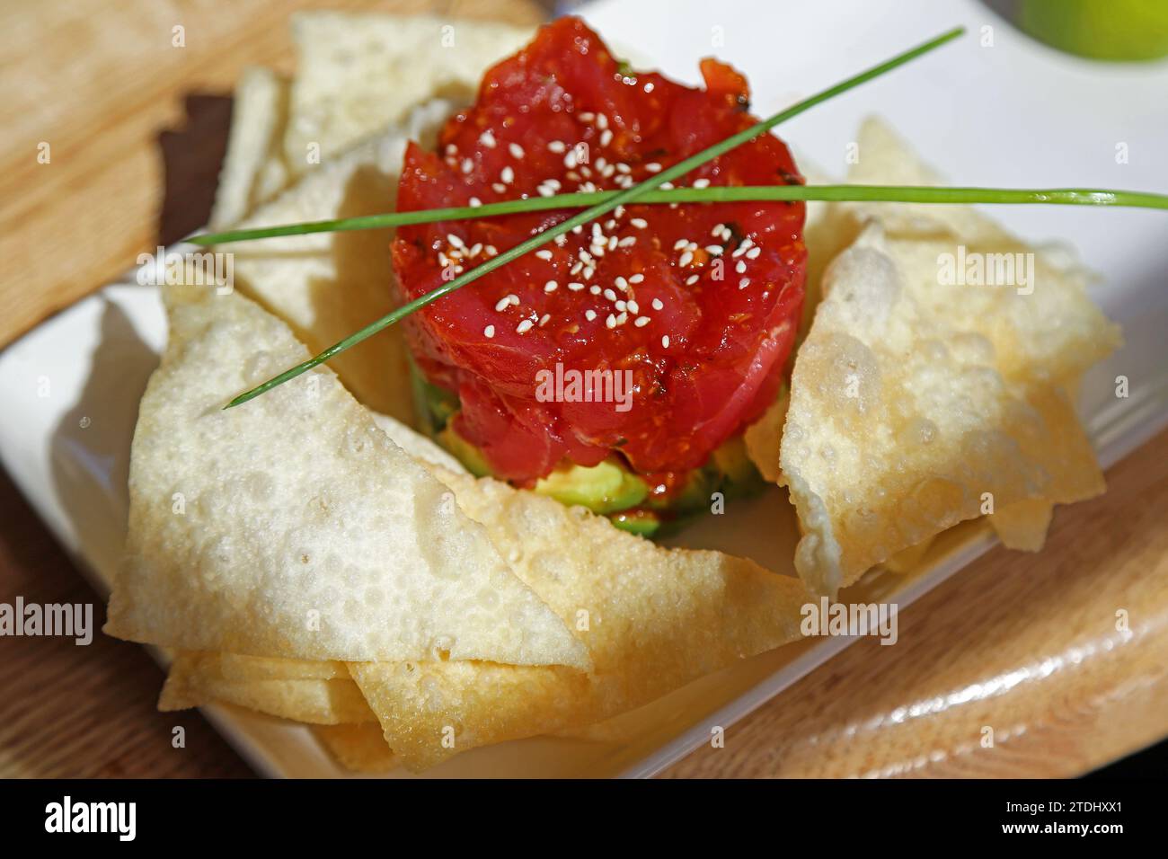 Tuna tartare with chips Stock Photo