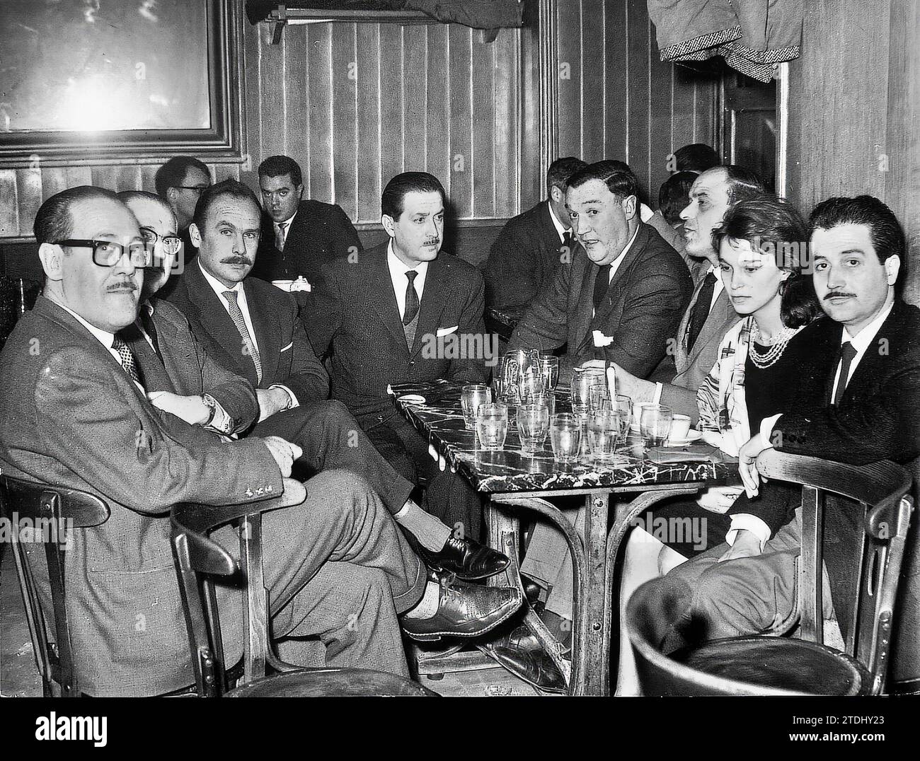 12/31/1962. Gathering at the Gijón café Manrique de Lara Eladio Cabañero, José García Nieto, Ramón de Garciasol and the Ceutí poet Luis López Anglada, among others, during a literary gathering at the Gijón café. Credit: Album / Archivo ABC / Basabe Stock Photo