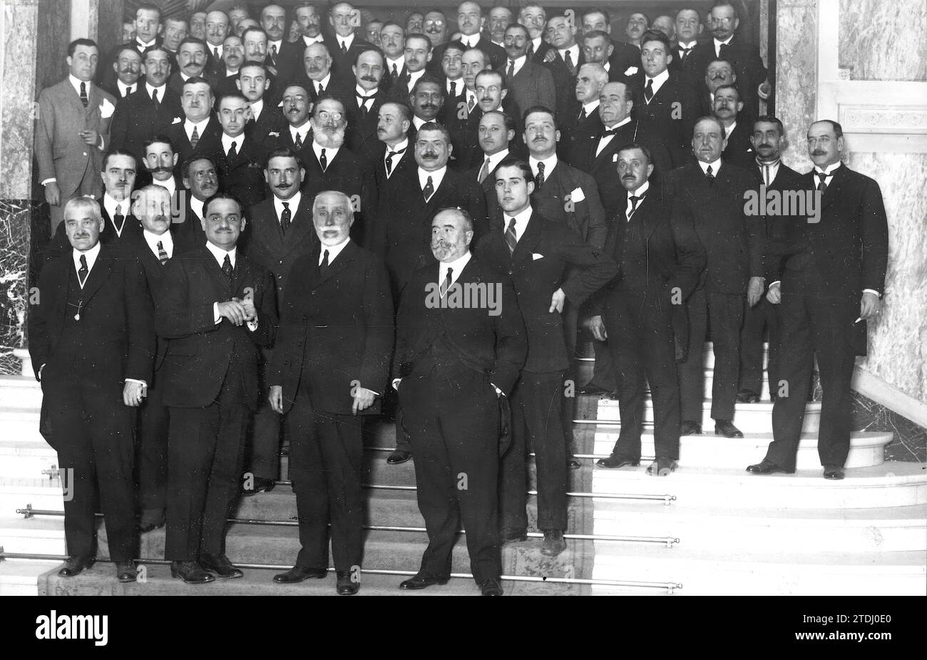 02/13/1920. Madrid at the Palace Hotel. Messrs. Maura (1) and La Cierva (2) with Some of the Concurrent At the party held yesterday in honor of the Maurist Candidates in the Municipal Elections of Madrid. Credit: Album / Archivo ABC / Julio Duque Stock Photo