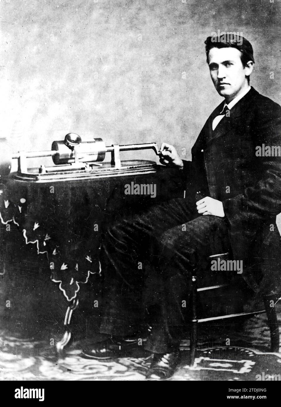 04/17/1878. Thomas Alva Edison with one of his inventions: the phonograph. Credit: Album / Archivo ABC Stock Photo