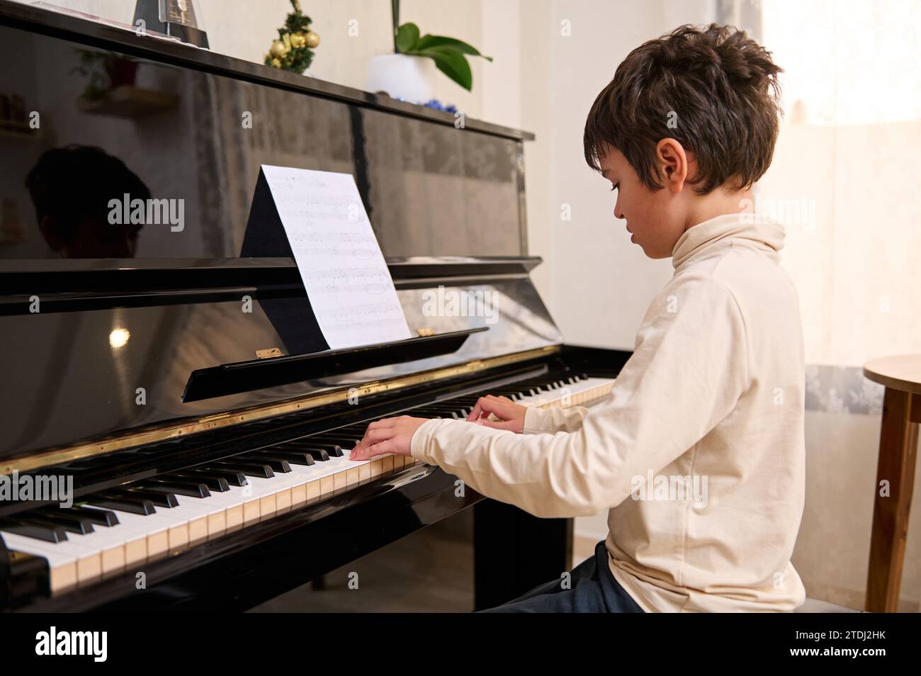 Confident Hispanic handsome inspired talented teenage boy learning ...