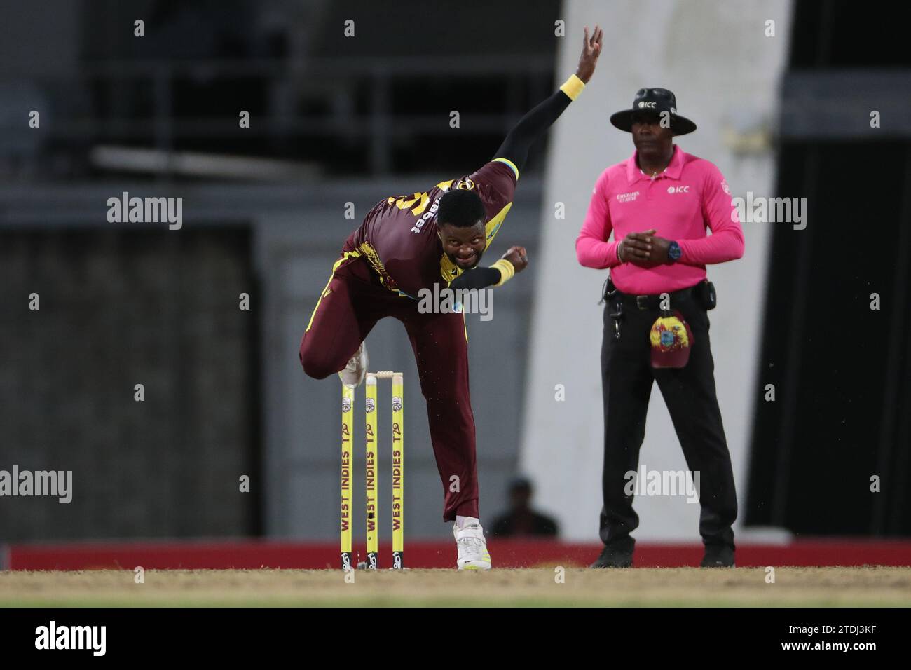 Romario Shepherd of West Indies bowling during the 1st CG United T20