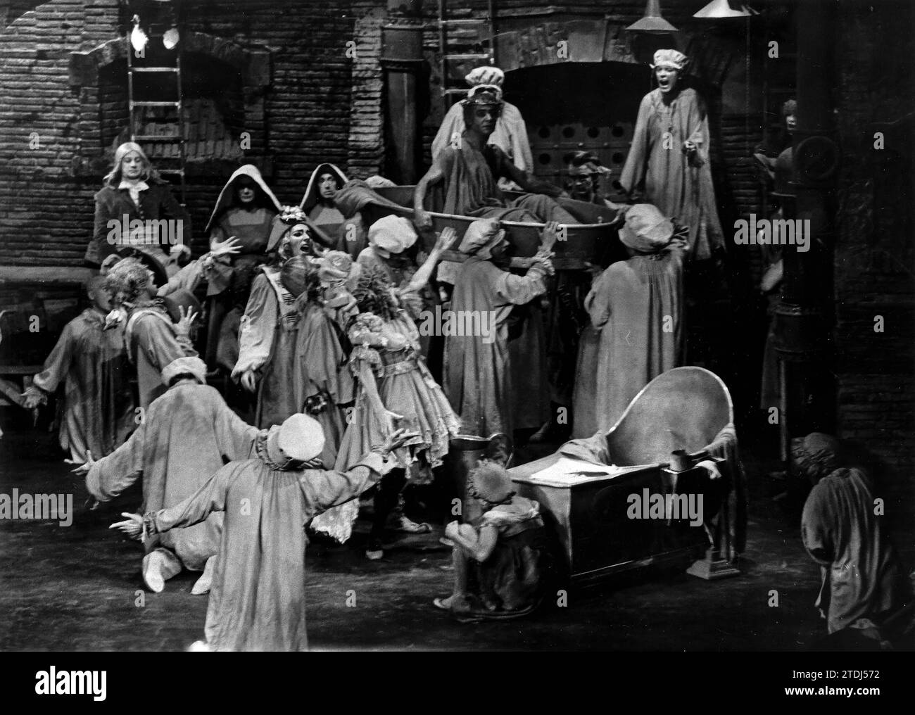 10/03/1968, performance of the Play 'Persecution and Murder of Jean Paul Marat Represented by the Inmates of the Charenton Asylum under the direction of Mr. Sade' By Adolfo Marsillach. Marsillach himself plays Sade and José María Prada plays Marat. With this work, a new stage begins for the national chamber and rehearsal theater. Credit: Album / Archivo ABC / Manuel Sanz Bermejo Stock Photo