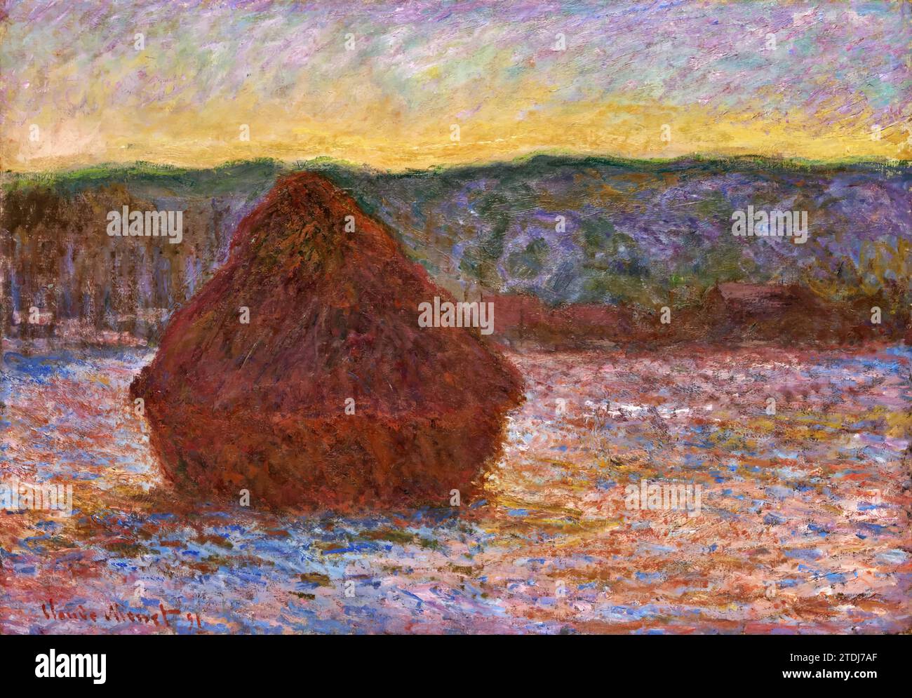Stack of Wheat (Thaw, Sunset) 1890-91 (Painting) by Artist Monet, Claude (1840-1926) / French. Stock Vector