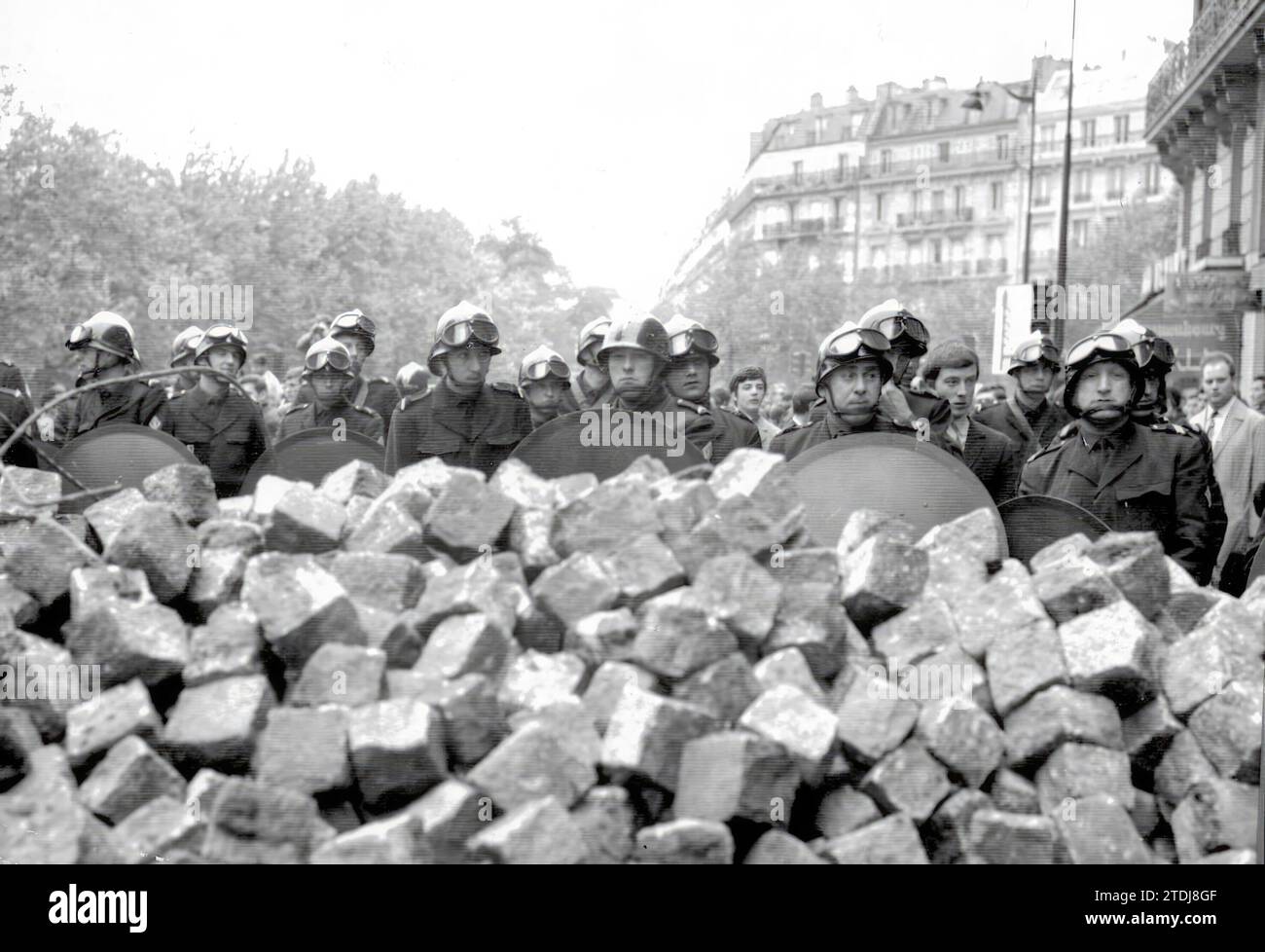 Paris, May 1968. A group of police officers next to a barricade erected in the popular Latin Quarter. Credit: Album / Archivo ABC Stock Photo