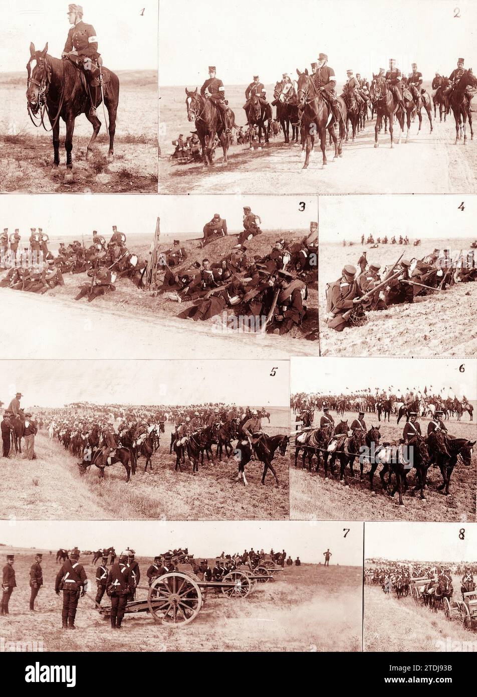 09/30/1906. Maneuvers of the first corps of the Army. (1) HM the King in Maneuvers, (2) Don Alfonso Xiii and the Minister of War with his General Staff. (3) a halt on the March, (4) fire in Guerrillas, (5) a regiment of Cavalry, (6) artillery and Lancers, (7) the artillery in Functions, (8) the parade. Credit: Album / Archivo ABC / Francisco Goñi Stock Photo
