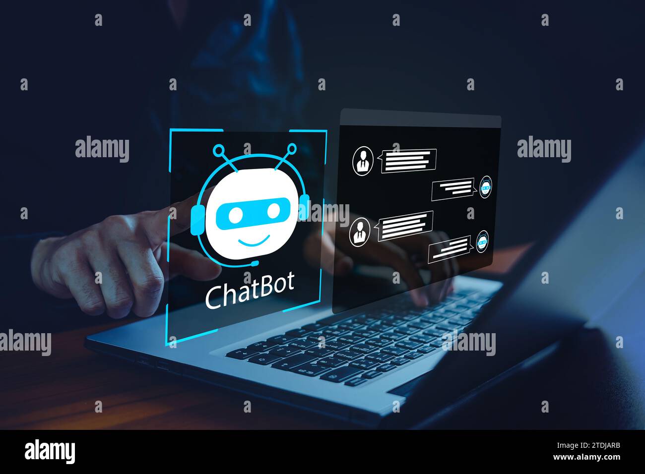 AI robot using computer to chat with customer. Concept of chat bot