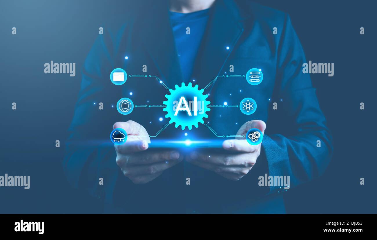 Ai technology. Artificial Intelligence. Businessman use technology AI smart robot automation system. Data analysis. AI chat and command prompt to gene Stock Photo