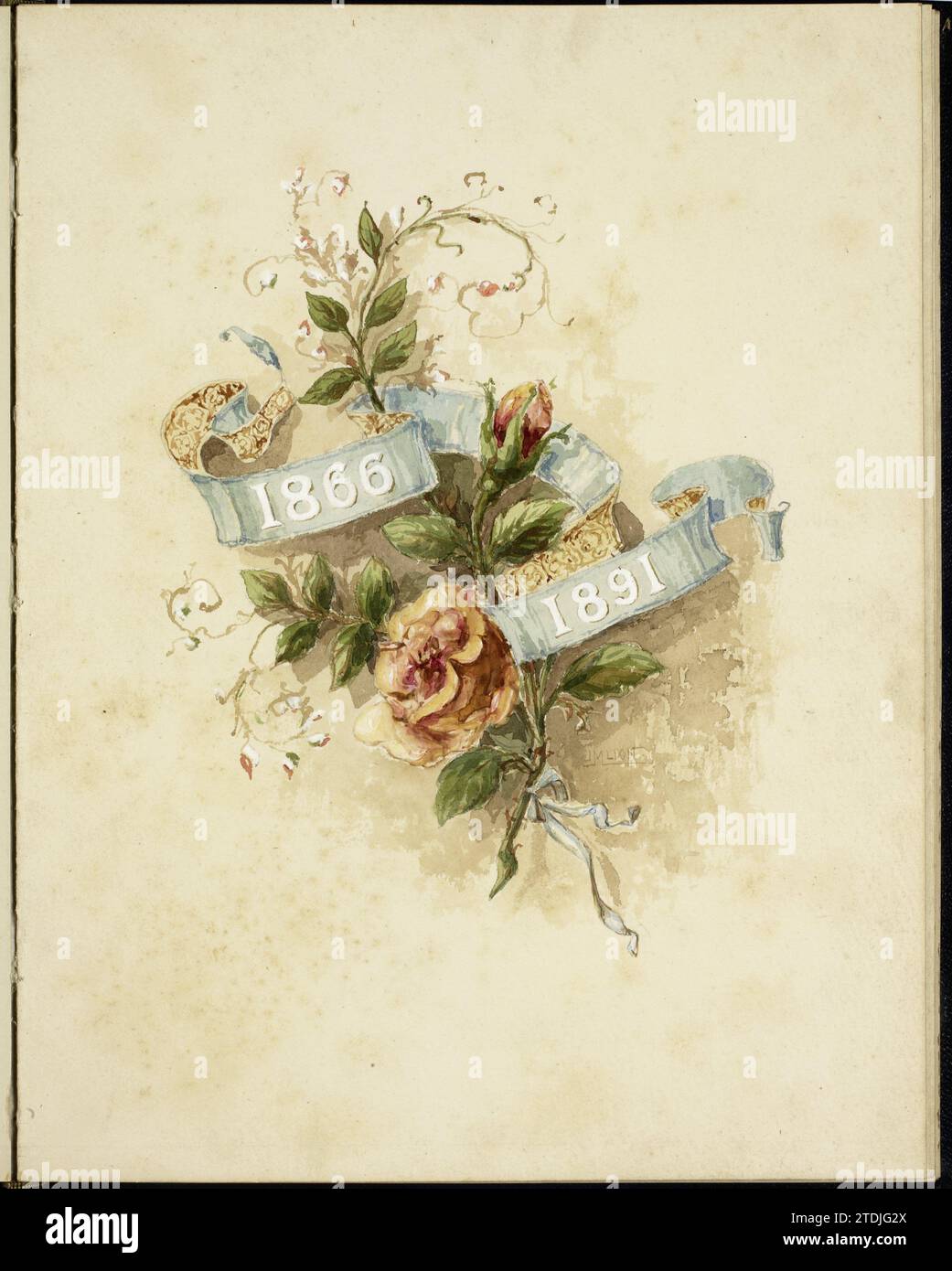 Liber Amicorum van Tienhoven-Hacke, Johannes Matthijs Lion, 1891 Liber Amicorum with the names of the donors of the Silver Ensemble on the occasion of the 25-year marriage of the couple of Tienhoven-Hacke. On the first page a rose branch with banderol in which the dates 1866 and 1891; On the second page three orchids with the text: 'Den Lord and Mrs. van Tienhoven Hacke on the occasion of their silver wedding party September 12; on the third page:' offered by their friends ': on the nine following pages all with another flower - and/or leaf branch are decorated, in alphabetical order the names Stock Photo