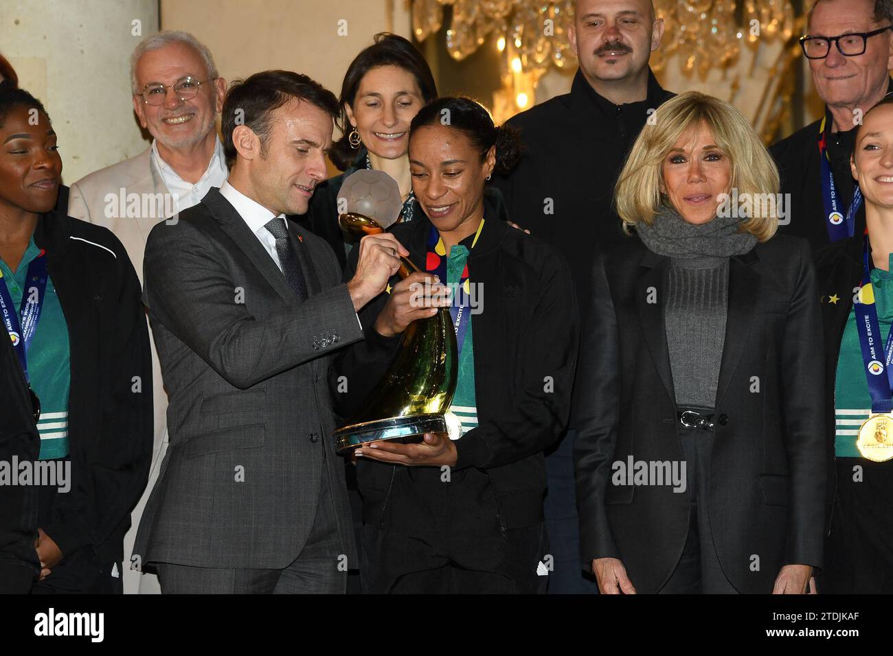 Paris, France. 18th Dec, 2023. The day after their world title against the Norwegians (31-28), the players of the French women's handball team will be received by President Emmanuel Macron and Brigitte Macron at the Elysee Palace in Paris, France on December 12, 2023. (Photo by Lionel Urman/Sipa USA) Credit: Sipa USA/Alamy Live News Stock Photo