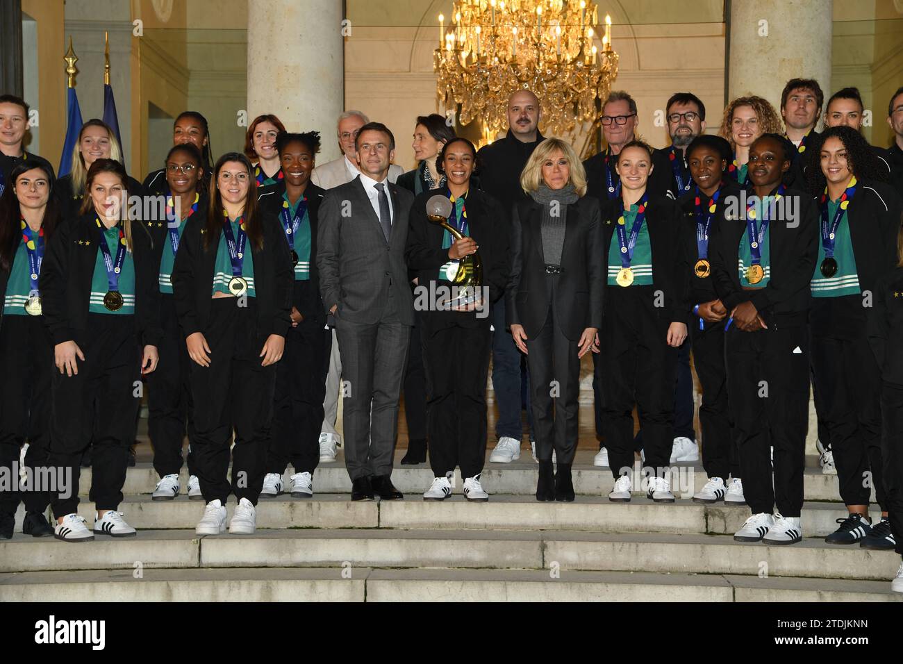 Paris, France. 18th Dec, 2023. The day after their world title against the Norwegians (31-28), the players of the French women's handball team will be received by President Emmanuel Macron and Brigitte Macron at the Elysee Palace in Paris, France on December 12, 2023. (Photo by Lionel Urman/Sipa USA) Credit: Sipa USA/Alamy Live News Stock Photo