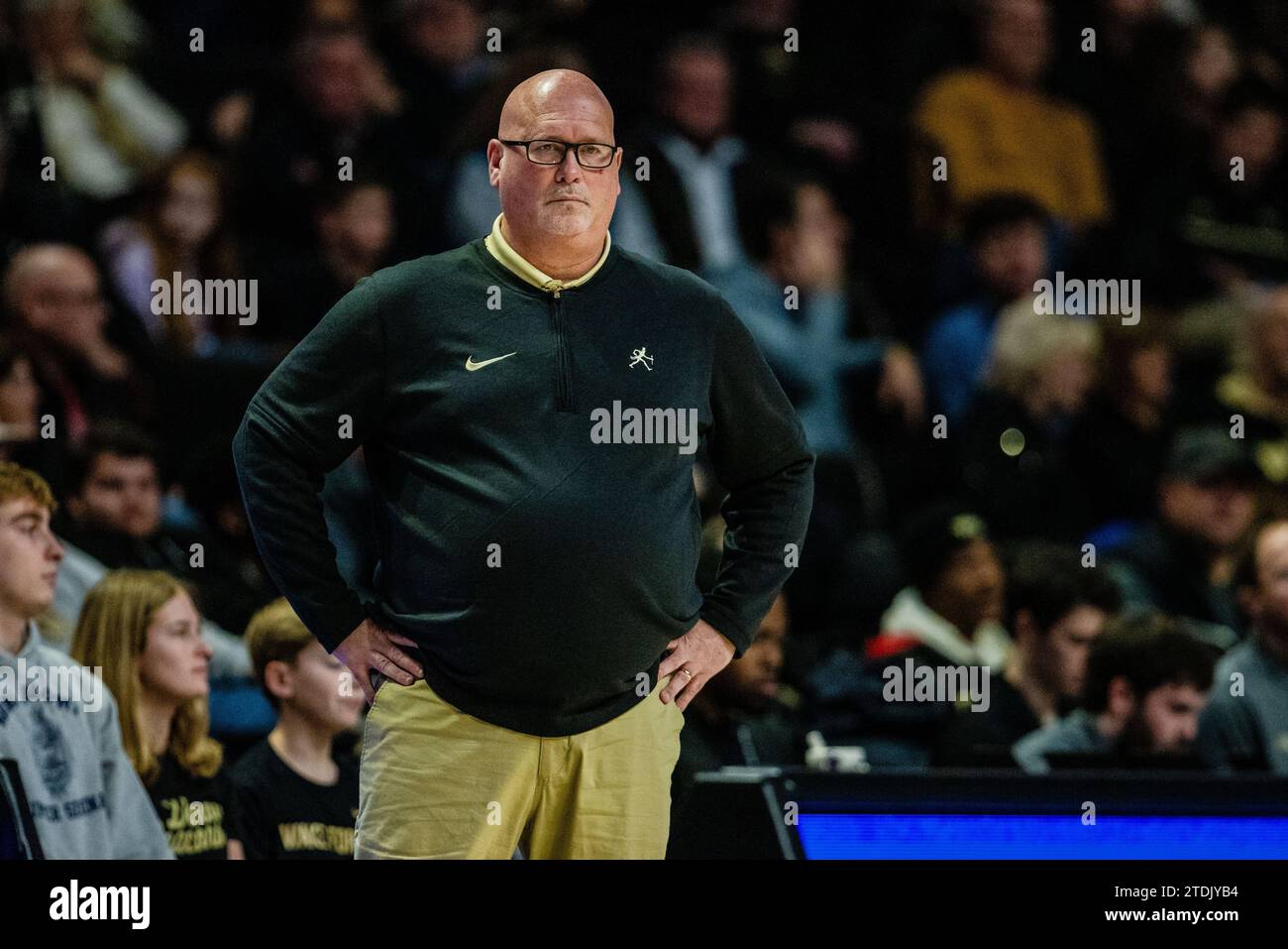 Winston-Salem, NC, USA. 18th Dec, 2023. Wake Forest Demon Deacons head coach Steve Forbes during the first half against the Delaware State Hornets in the NCAA Basketball matchup at LJVM Coliseum in Winston-Salem, NC. (Scott Kinser/CSM). Credit: csm/Alamy Live News Stock Photo