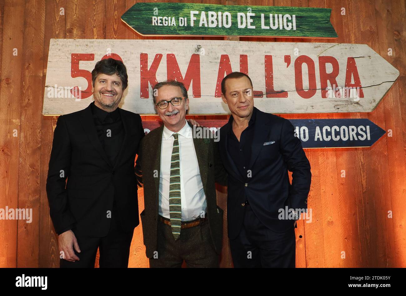 Italian actors Fabio De Luigi and Stefano Accorsi (with Gianluca Farinelli director of cineteca) attempting at the premiere of their new movie “50 km Stock Photo