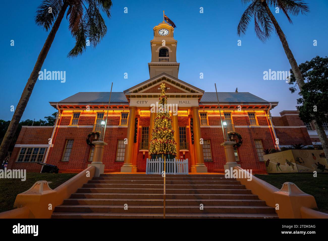 Maryborough, QLD, Australia - City Hall illuminated at night with Christmas decorations Stock Photo
