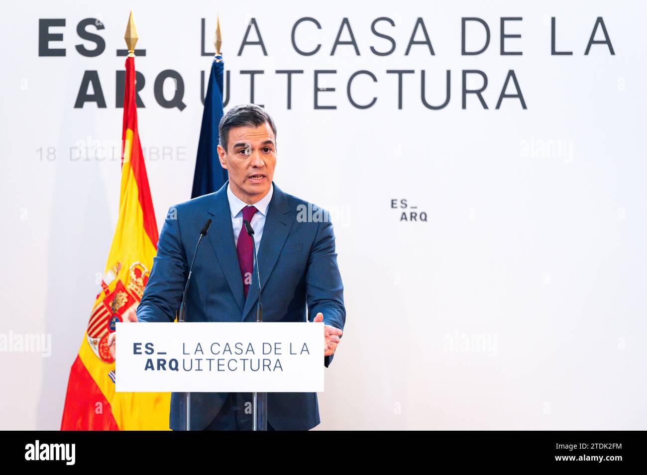 Madrid, Spain. 18th Dec, 2023. The Spanish Prime Minister Pedro Sanchez speaks during the official inauguration ceremony of the Casa de la Arquitectura in Madrid. (Photo by Alberto Gardin/SOPA Images/Sipa USA) Credit: Sipa USA/Alamy Live News Stock Photo