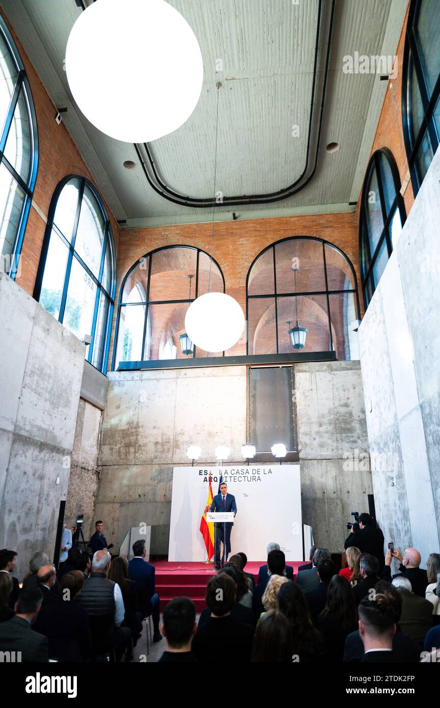 Madrid, Spain. 18th Dec, 2023. The Spanish Prime Minister Pedro Sanchez speaks during the official inauguration ceremony of the Casa de la Arquitectura in Madrid. (Photo by Alberto Gardin/SOPA Images/Sipa USA) Credit: Sipa USA/Alamy Live News Stock Photo