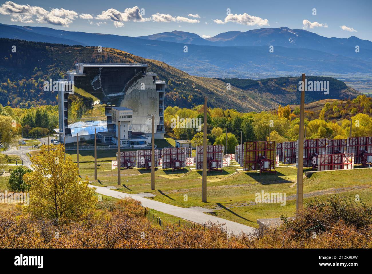 Odeillo solar furnace on an autumn morning. It is the largest solar furnace in the world (Font-romeu, Pyrenees-Orientales, Occitania, France) Stock Photo