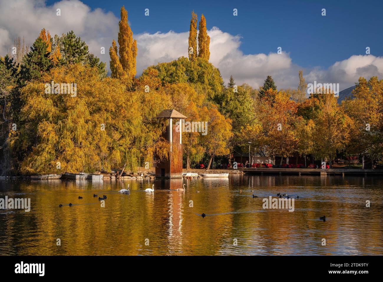 Puigcerdà pond in autumn with the change of color in the trees (Cerdanya, Girona, Catalonia, Spain, Pyrenees) ESP: Lago de Puigcerdà en otoño (Gerona) Stock Photo