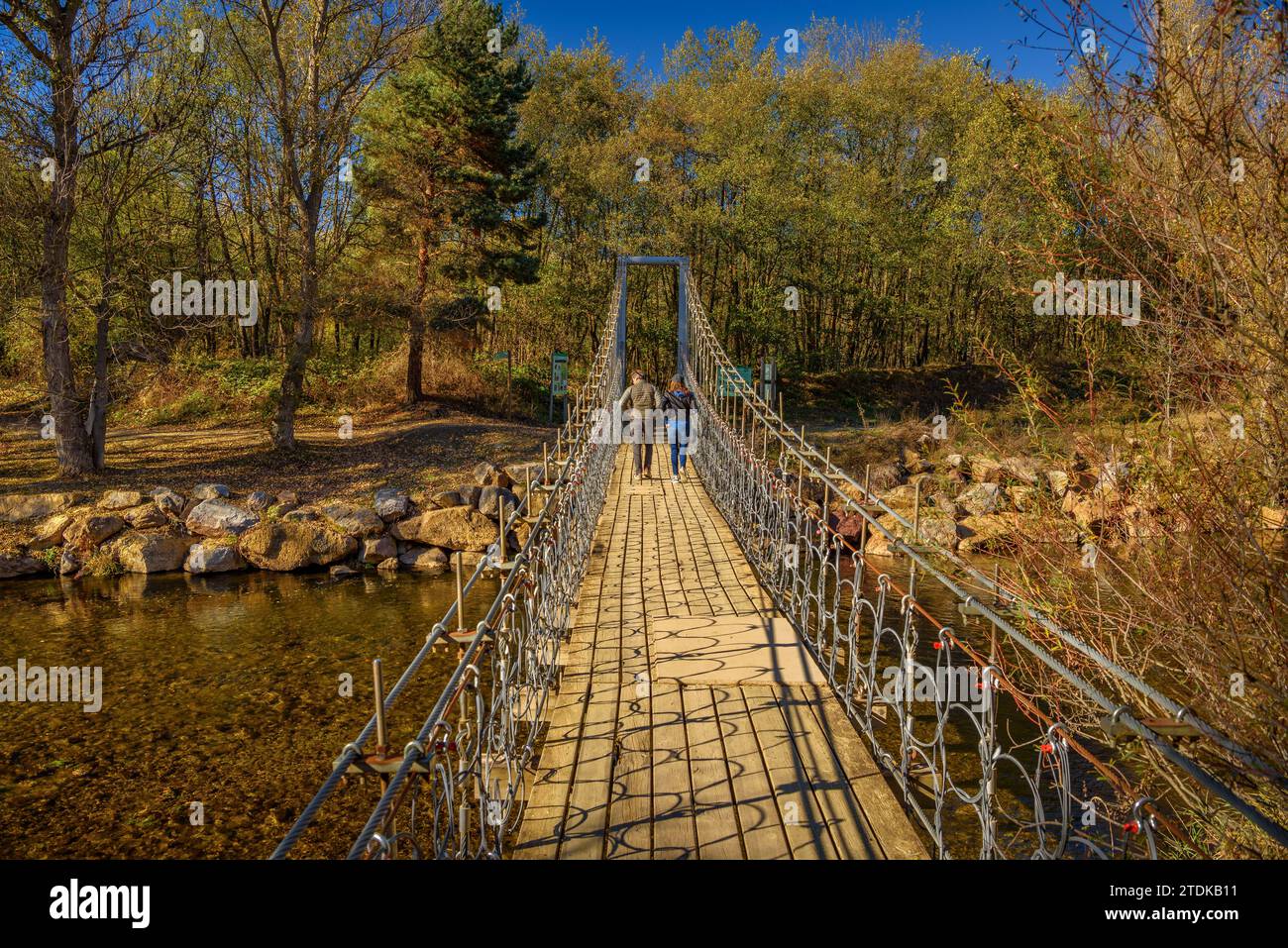 Suspension footbridge over the Segre river in autumn (Cerdanya, Girona, Catalonia, Spain, Pyrenees) ESP: Pasarela del puente colgante sobre el Segre Stock Photo