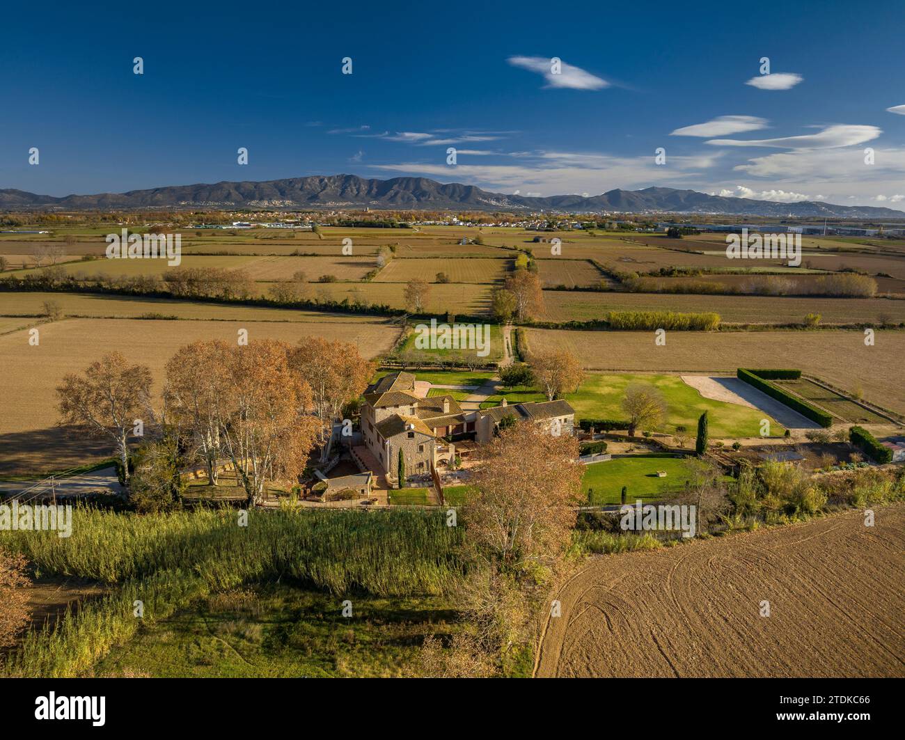 Aerial view of rural environments and fields near Fortià and the Aiguamolls de l'Empordà (wetlands) (Alt Empordà, Girona, Catalonia, Spain) Stock Photo