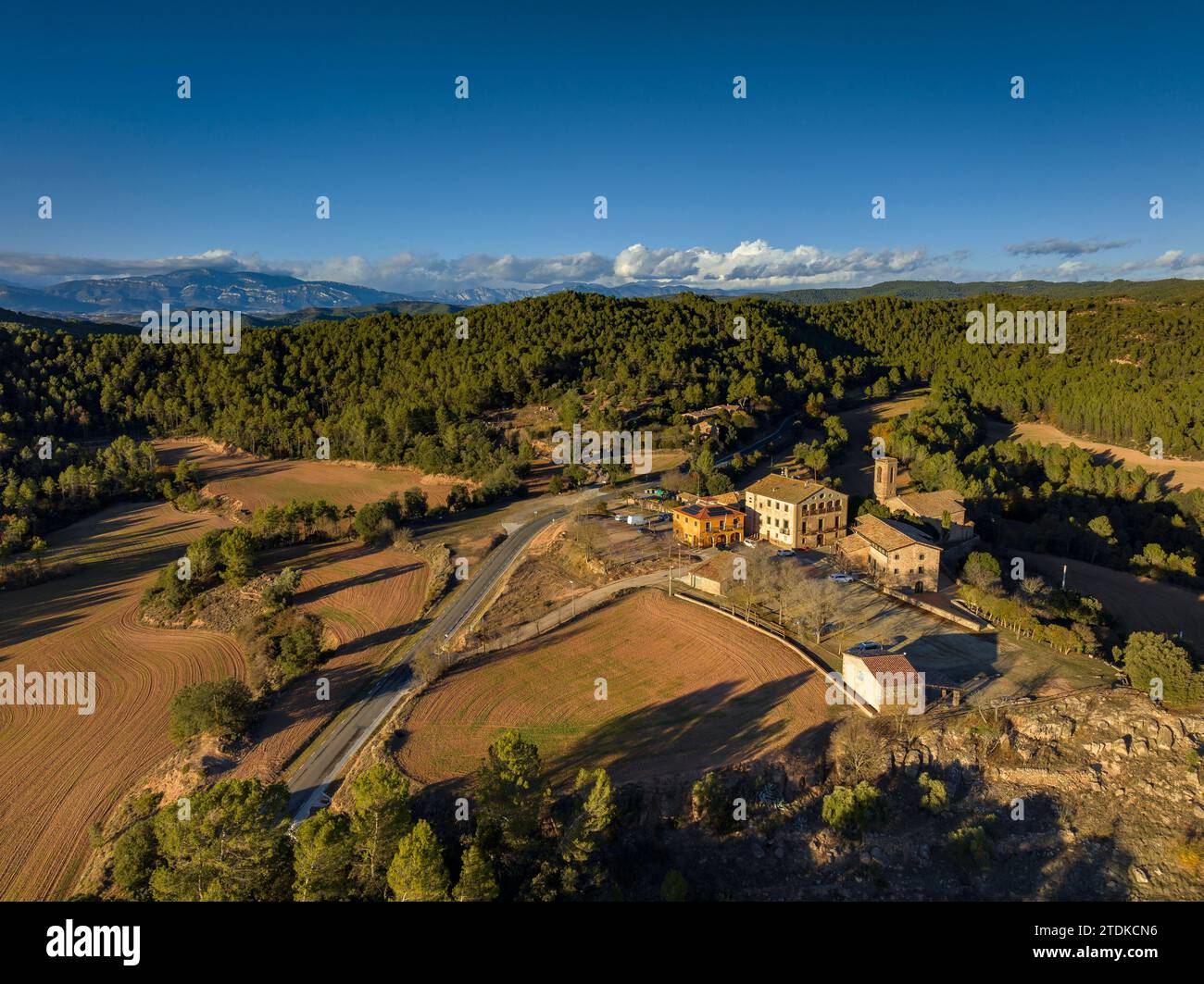 Aerial view of the village of Gaià and its rural surroundings on a winter afternoon (Bages, Barcelona, Catalonia, Spain) ESP: Vista aérea de Gaià Stock Photo