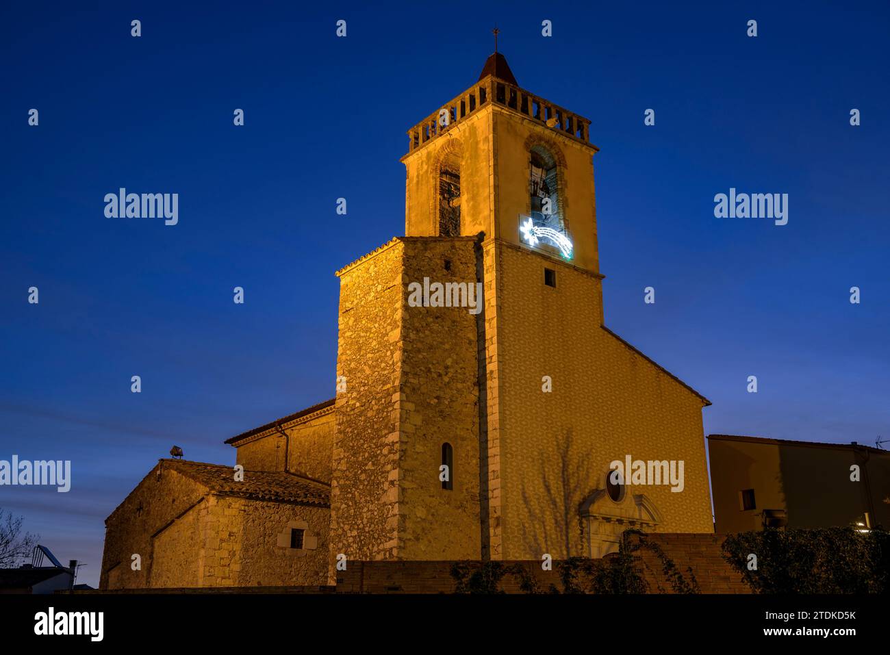 Church of Sant Cebrià de Vilafant in a blue hour and winter night (Alt Empordà, Girona, Catalonia, Spain) ESP: Iglesia de Sant Cebrià de Vilafant Stock Photo
