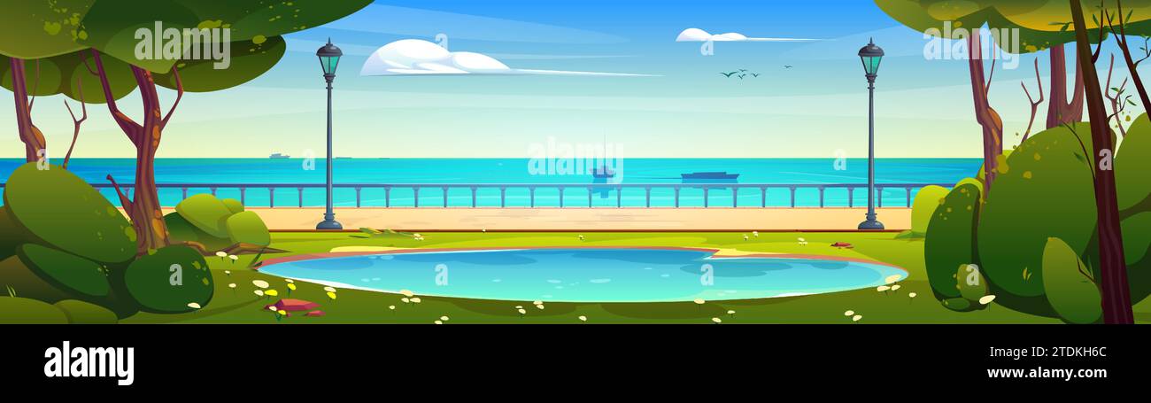 Cartoon sea or river landscape with ships on water, city park with little lake and pathway, lanterns and handrail on embankment street. Vector scenery of waterfront with green grass and trees. Stock Vector