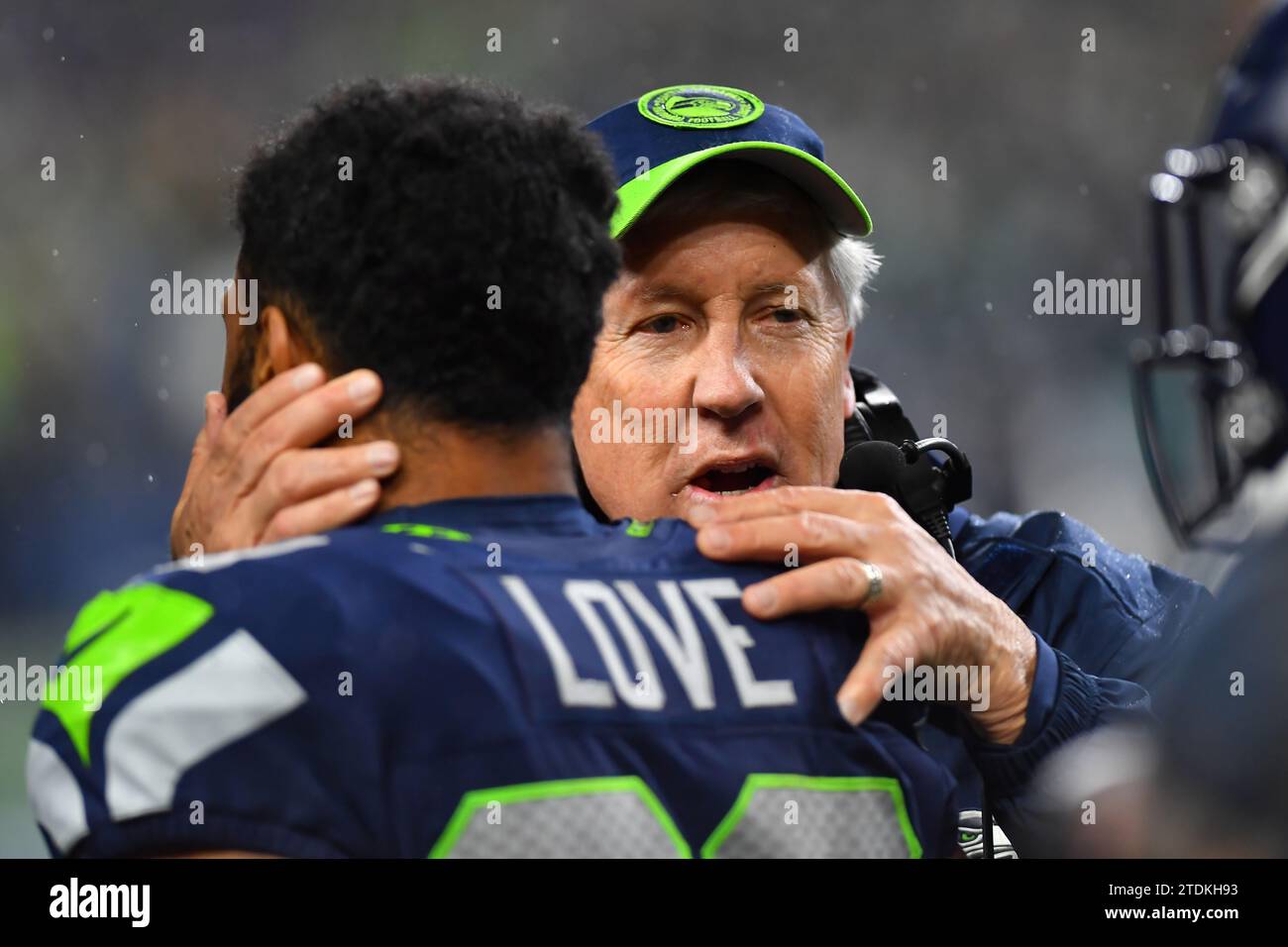 Seattle, WA, USA. 18th Dec, 2023. Seattle Seahawks Head Coach Pete Carroll congratulates