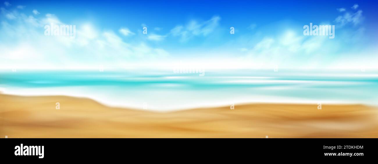 Realistic sand beach with blue water and wave foam of sea or ocean and ...