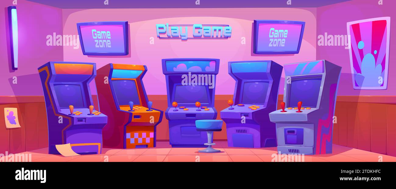 Retro computer club with game machines. Vector cartoon illustration of play zone interior design, old arcade cabinets with buttons and console joystick, 80s vintage pinball equipment, poster on wall Stock Vector