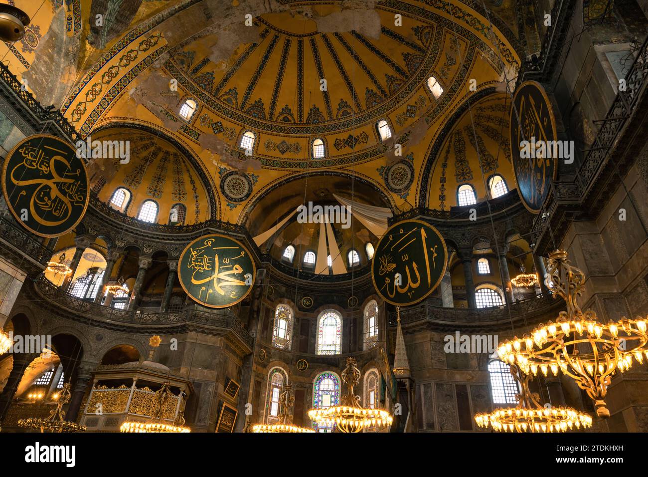 Islamic concept photo. Interior view of Hagia Sophia or Ayasofya Mosque with calligraphies. Istanbul Turkiye - 4.14.2023 Stock Photo