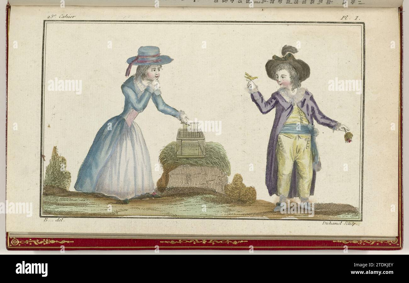 Cabinet of modes or new modes, October 15, 1786, pl. I, A.B. Duhamel, After B ..., 1786 Boy and girl in bird cage. According to the accompanying text, the girl is dressed in a Redingote van Laeken. Below she wears a body of silk and a white skirt from Musseline, including a skirt of blue silk. Accessories: hat with ribbon, shoes with bows. The boy is dressed in a wide -falling Redingote van Laeken. Below he wears a sailor suit from silk, consisting of a cardigan and long pants. Accessories: Hat with feather, a sash with fringes, shoes with bows. A bird on the right hand and a flower in the lef Stock Photo