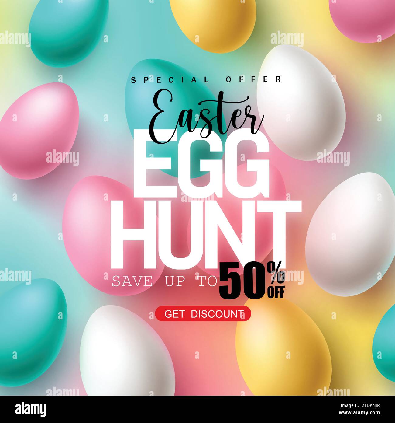 Easter sale text vector banner design. Easter egg hunt special offer 50% off discount for holiday season promotion with color pastel eggs elements. Stock Vector