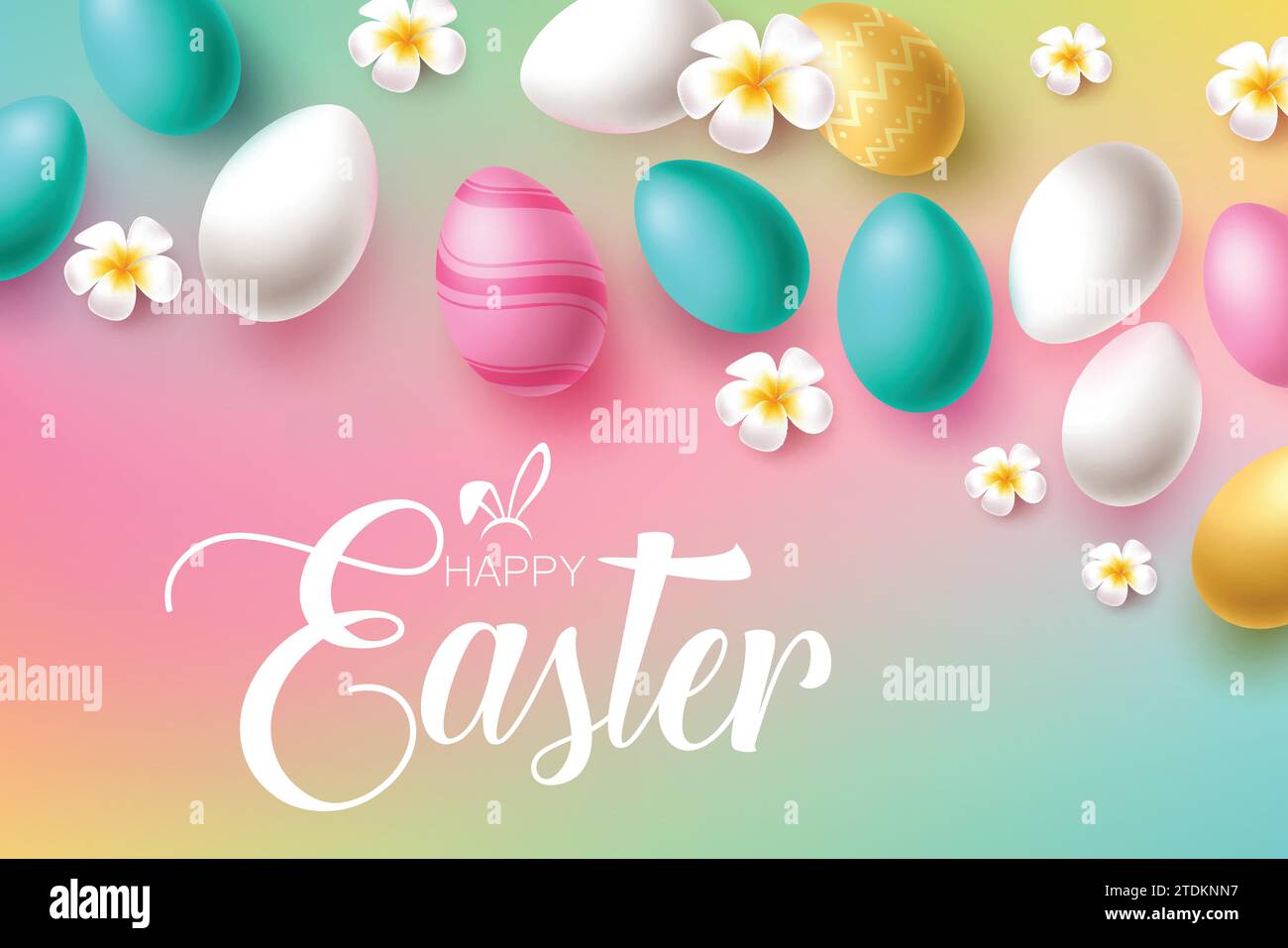 Happy easter text greeting vector design. Easter eggs hunt greeting card with color pastel egg elements decoration for holiday season background. Stock Vector