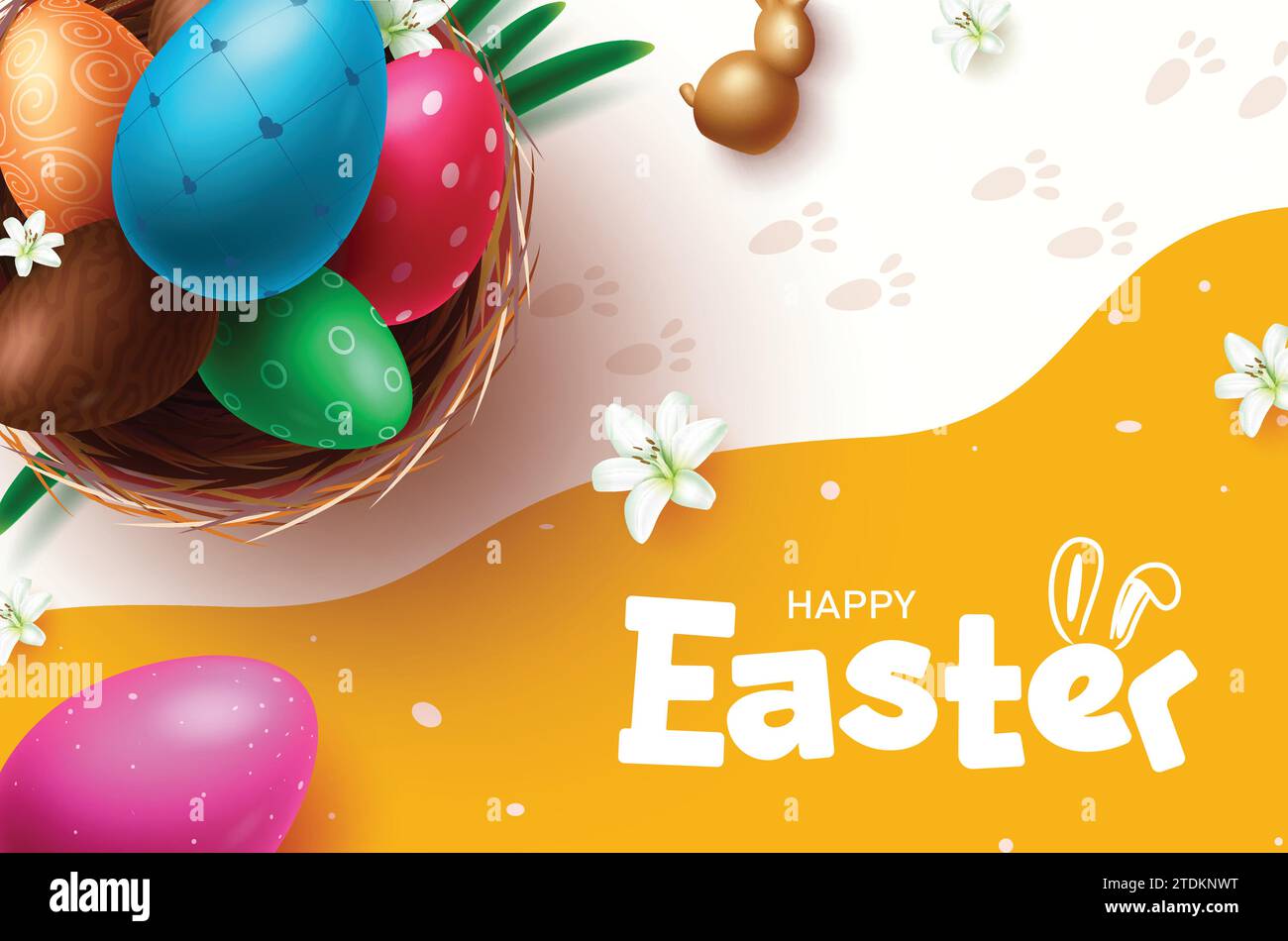 Happy easter text vector design. Easter eggs colorful in nest elements for holiday greeting card background. Vector illustration easter egg hunt Stock Vector
