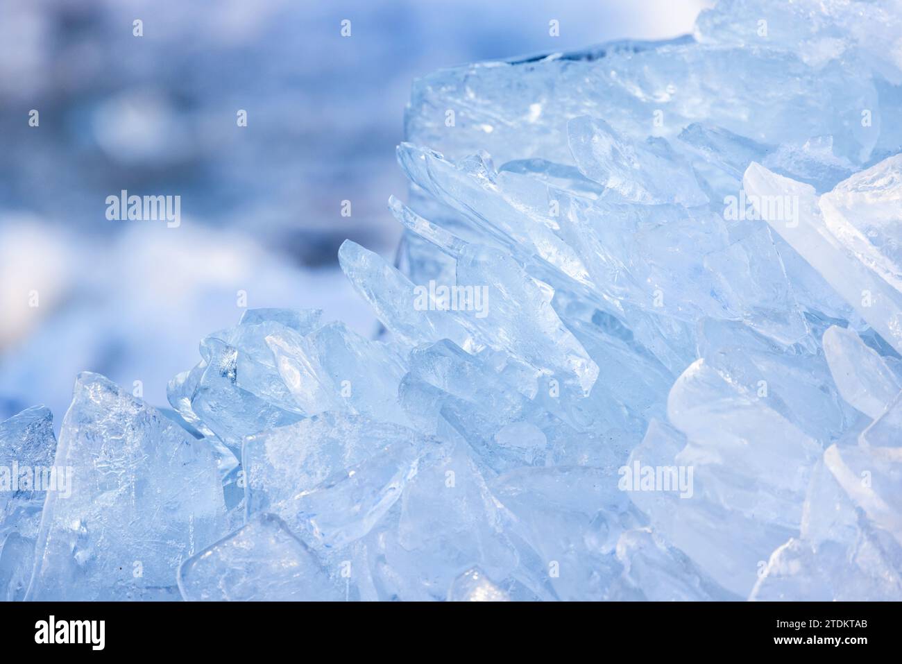 Ice shards lay at the coast of frozen Baltic Sea on a sunny winter day, close up photo with selective soft focus Stock Photo