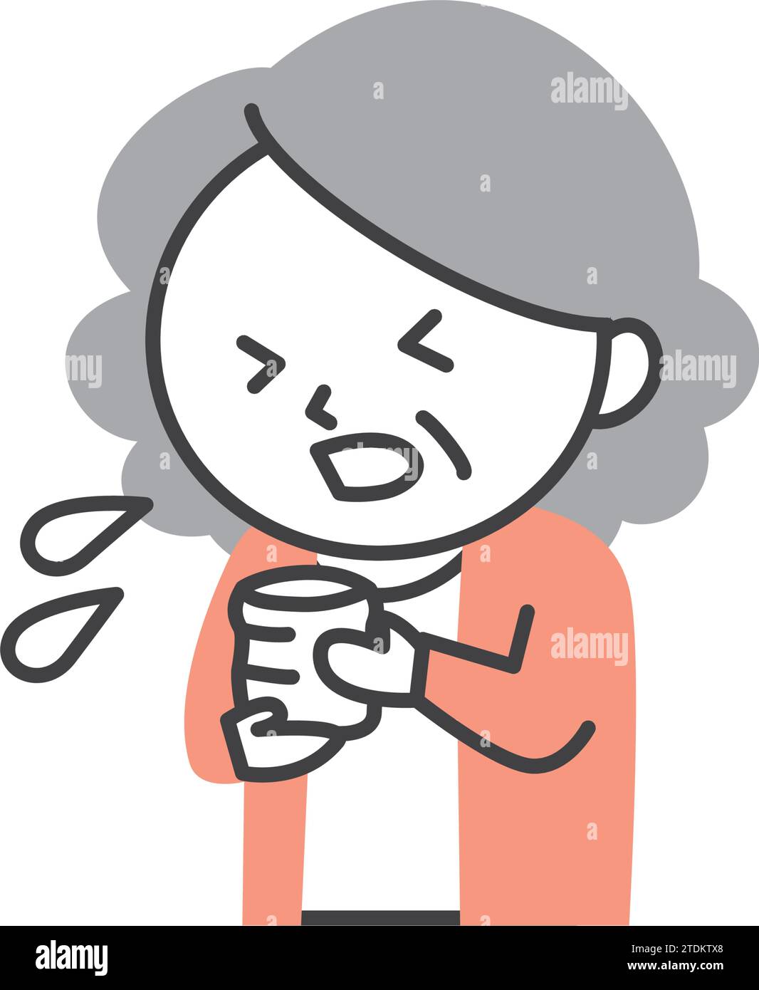 Illustration of a senior woman drinking tea and choking.  A simple and cute cartoon-style senior illustration. Stock Vector