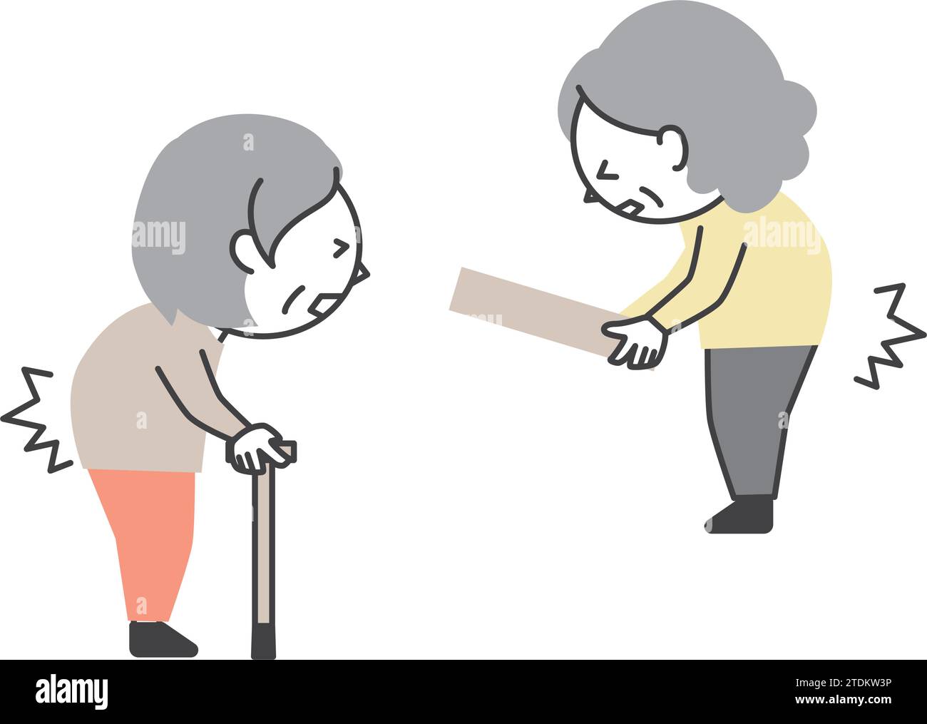 A senior woman with back pain. A woman walking with a cane and a woman lifting luggage. A simple and cute cartoon-style senior illustration. Stock Vector