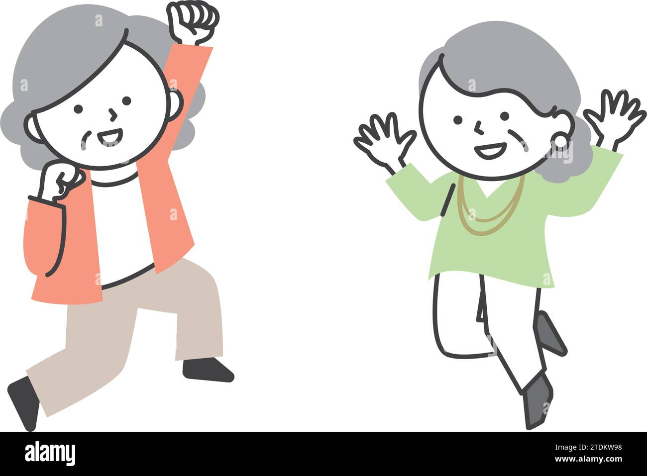 Senior women jumping with smiles. A simple and cute cartoon-style ...