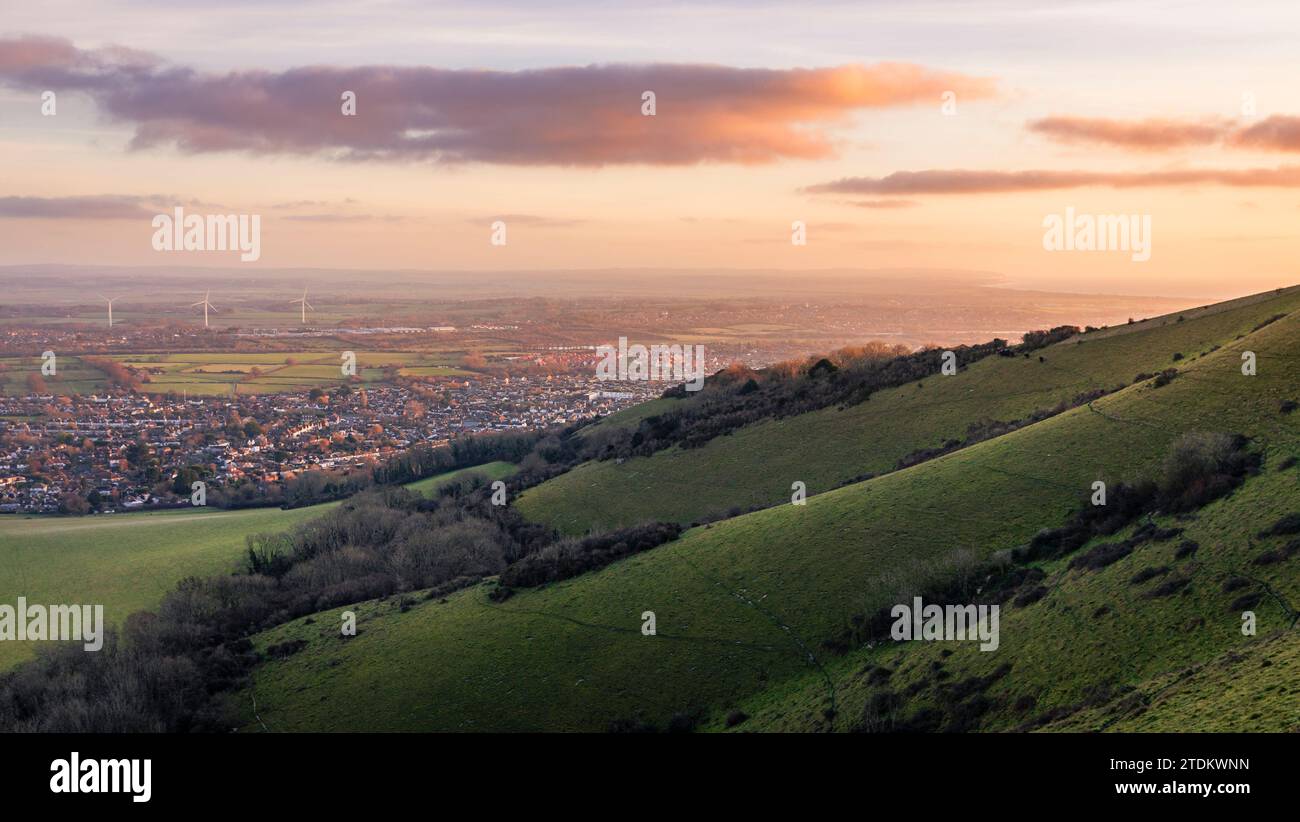 Winter sunrise over the east Sussex countryside from Combe Hilll Butts Brow Eastbourne east Sussex south east England Stock Photo