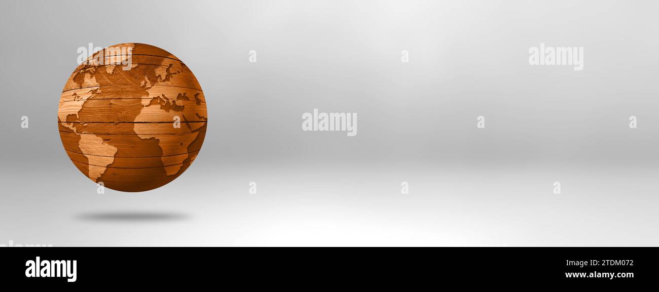 Old wooden world globe isolated on white background. 3D illustration ...