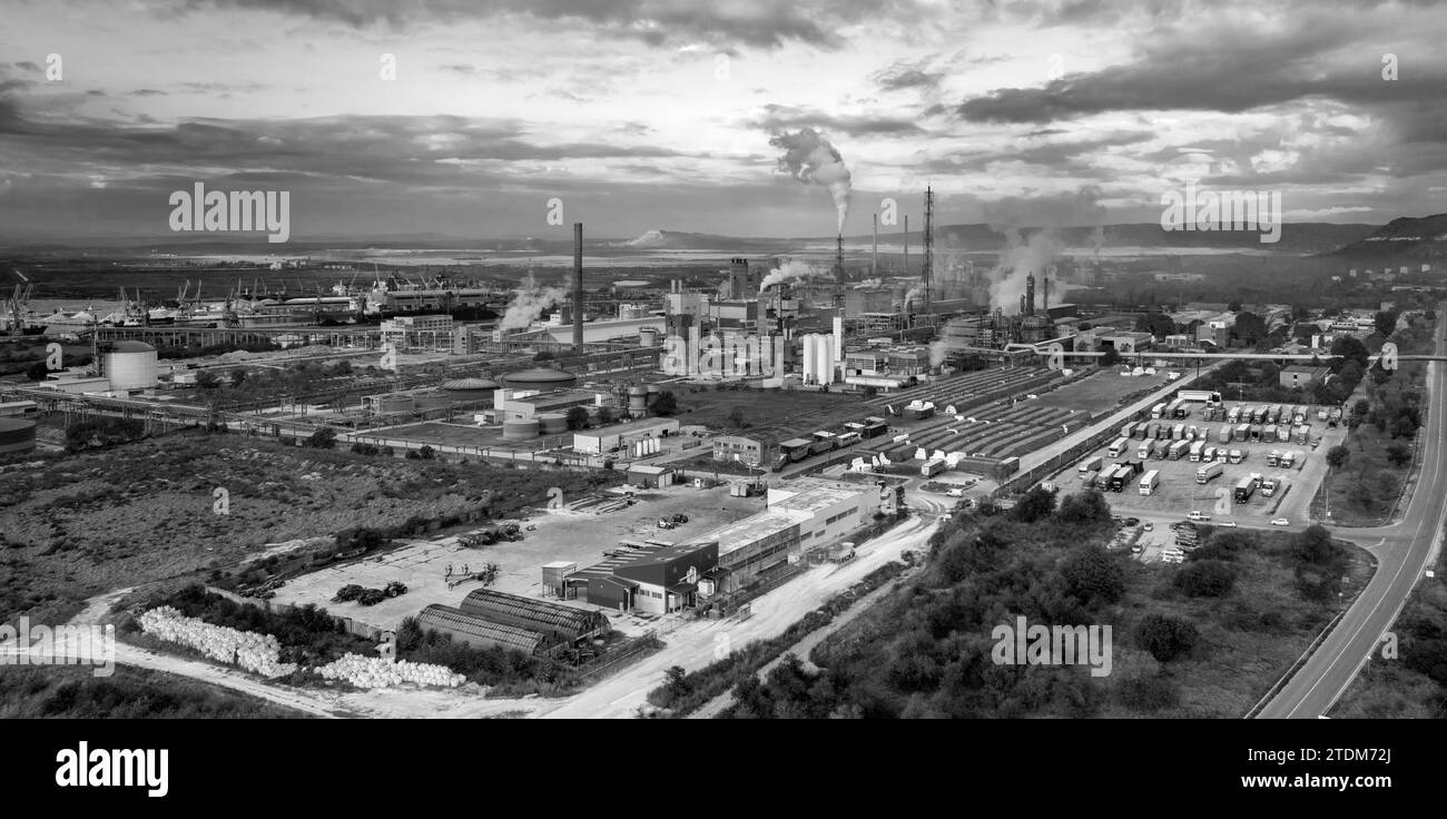 Amazing aerial view panorama of an industrial zone. Black and white