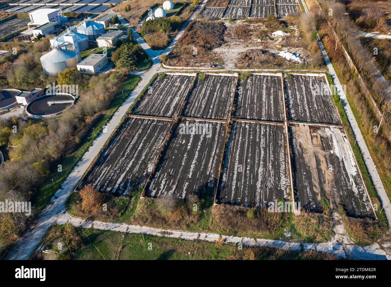 Aerial top view of a city sewage treatment plant. Stock Photo